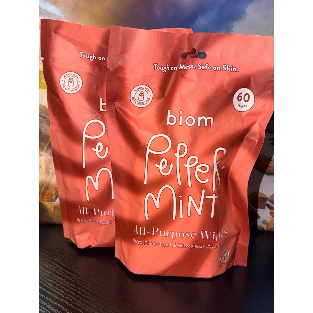 Biom Peppermint All-Purpose Wipes 60ct 2-Pack Plant-Based Microplastic-Free